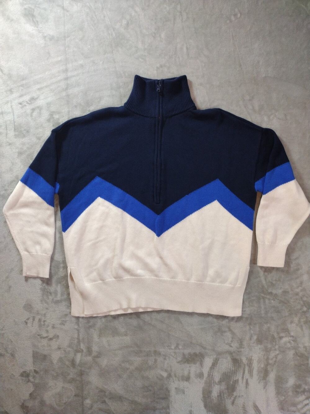 Lou & Grey Sweater Mens XL 1/4 Zip Chevron Colorblock Blue White Retro 80s Y2K